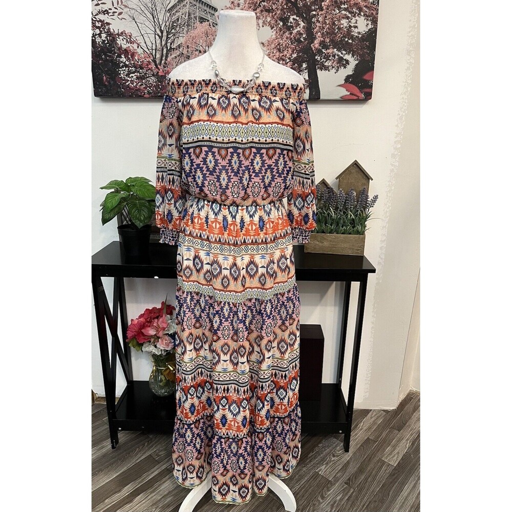 New York & Company Women Blouson Long Dress XS off shoulder  AZTEC PRINT - Picture 2 of 12